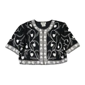Vintage Statement Piece Beaded Old Money Granny Cropped Jacket Sz XL Black White